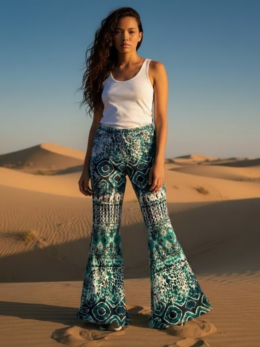 Elan Teal, Green & Ivory Patterned Flare Leg  Pants